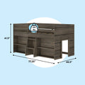 Dark gray wooden loft bed with ladder, integrated storage shelves and guardrail, 400 lb weight capacity, dimensions 77.25 in x 46.5 in x 41.5 in