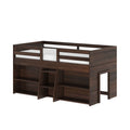 Dark walnut twin loft bed with guardrails, integrated ladder and built-in open shelving for space-saving kids' bedroom storage