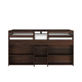 Dark walnut wooden loft bed frame with built-in open storage shelves and safety rails, modern space-saving kids bedroom furniture
