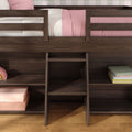 Modern dark wood loft bed with ladder, pink bedding and built-in storage shelves for kids' bedroom