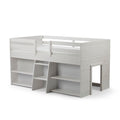 White wooden loft bed with guardrails, built-in ladder and open shelving—space-saving kids bedroom furniture