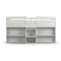 White wooden twin loft bed with built‑in cubby storage shelves and center ladder, modern kids' bedroom furniture