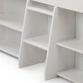 Close-up of modern white wooden shelving unit with stepped shelves and visible screws, minimalist storage solution for home or office