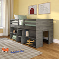 Gray wooden loft bed with built-in storage and ladder in a children's bedroom, farmhouse barn and tractor wall art, green bedding and wooden toys on a checkered rug