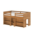 Solid wood children's loft bed with ladder, built-in shelving and twin mattress platform in natural oak finish