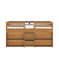 Solid wood twin-over-twin bunk bed in natural oak with built-in storage shelves and ladder, white mattress