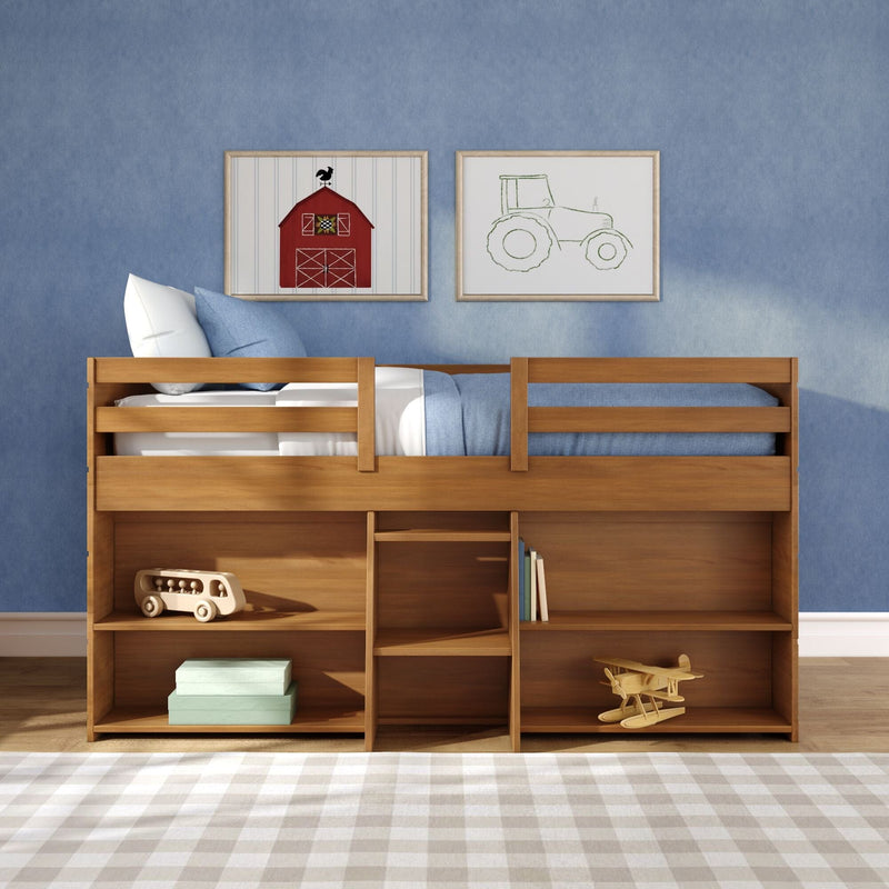 Kids' bedroom with wooden bunk bed, blue wall, plaid rug, farm-themed framed art (red barn and tractor), built-in toy storage and wooden toys