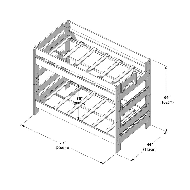 Assembly diagram of a wooden twin-over-twin bunk bed frame with slats, guardrails and mounting hardware, labeled dimensions 79 in x 44 in x 64 in (200 x 112 x 162 cm) and 35 in (90 cm) mattress clearance
