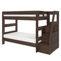 Dark walnut wooden loft bunk bed with built-in staircase storage and white mattresses, modern solid-wood design ideal for kids and teens