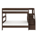Dark walnut wooden bunk bed with staircase storage and built-in drawers, twin-over-full platform design with white mattresses