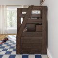 Dark wood kids bunk bed in children's bedroom with car-print bedding, toy cars on a blue checkered rug, sheer curtains and window light