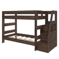 Dark walnut solid wood twin-over-full bunk bed frame with guardrails, slatted mattress support and built-in storage staircase — modern kids bedroom furniture