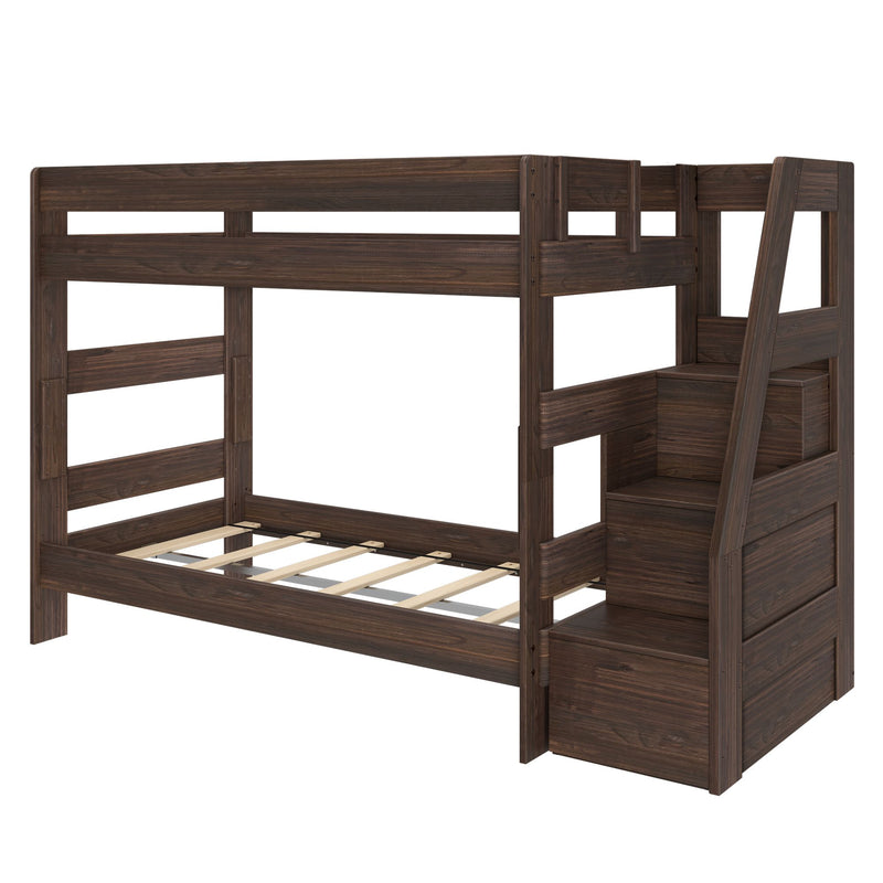 Dark walnut solid wood twin-over-full bunk bed frame with guardrails, slatted mattress support and built-in storage staircase — modern kids bedroom furniture