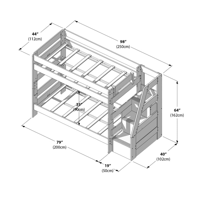 Bunk bed dimensions diagram: technical line drawing of a wooden twin-over-full bunk bed frame with ladder and built-in storage stairs, labeled measurements in inches and centimeters (98" length, 79" depth, 64" height).