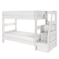 Whitewashed wooden twin-over-twin loft bunk bed with angled storage stairs, safety rails, and space-saving under-bed storage