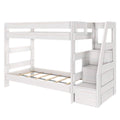 Whitewashed wooden loft-style bunk bed with built-in staircase and integrated storage drawers, slatted mattress support and safety rails for kids' bedroom furniture