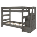 Gray wood twin-over-full bunk bed with built-in staircase storage and slatted mattress platforms