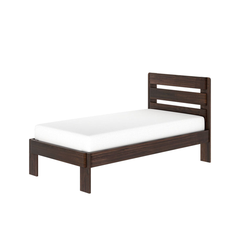 Modern dark walnut twin-size platform bed with slatted headboard and white mattress on white background