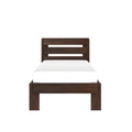 Front view of a dark brown wooden twin bed frame with horizontal slatted headboard and white mattress