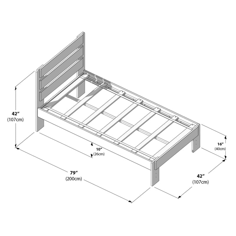 Wooden platform bed frame assembly diagram with slatted headboard and center support rails, labeled dimensions 79" (200 cm) length, 42" (107 cm) headboard height, 16" (40 cm) foot height and 10" (26 cm) under-frame clearance