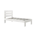 White wooden twin platform bed frame with slatted headboard and sturdy wooden slats, modern minimalist bedroom furniture