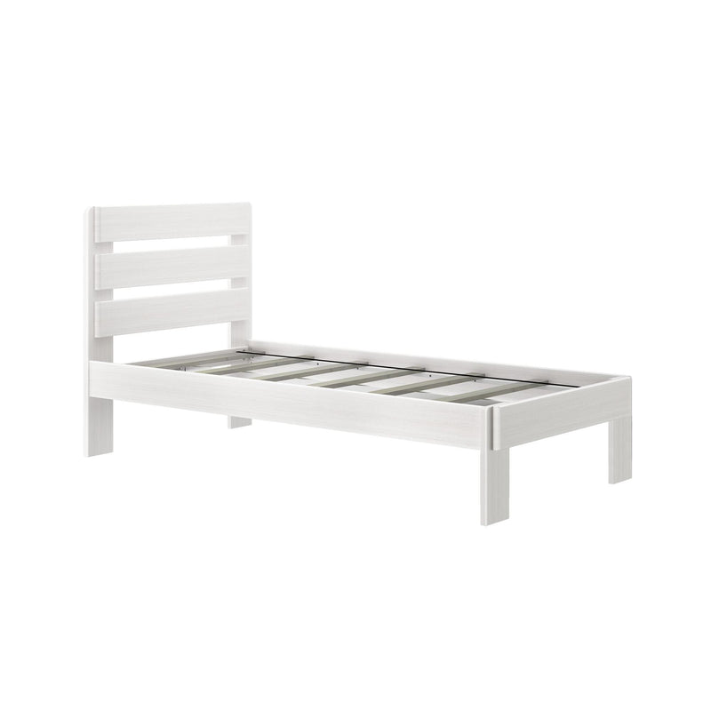 White wooden twin platform bed frame with slatted headboard and sturdy wooden slats, modern minimalist bedroom furniture