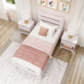 Cozy blush-pink bedroom with white wooden twin bed, matching nightstands and gold-accent table lamps, floral wall art, textured rug on hardwood floor