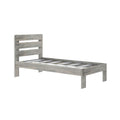 Gray weathered wood twin platform bed frame with slatted headboard, modern farmhouse bedroom furniture