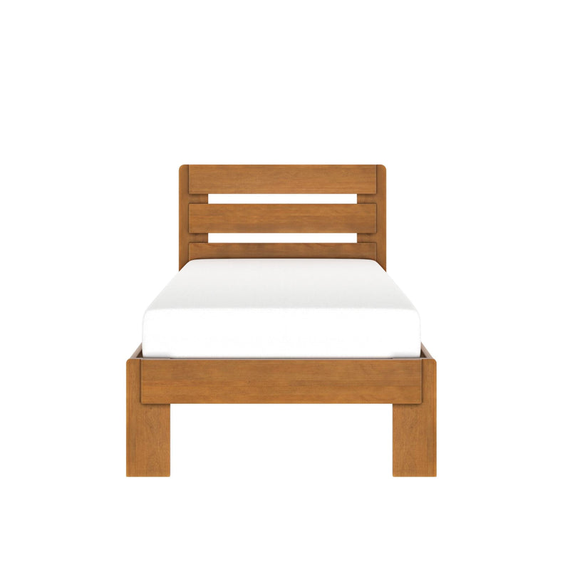 Wooden twin bed frame with slatted headboard and white mattress in natural oak finish on white background