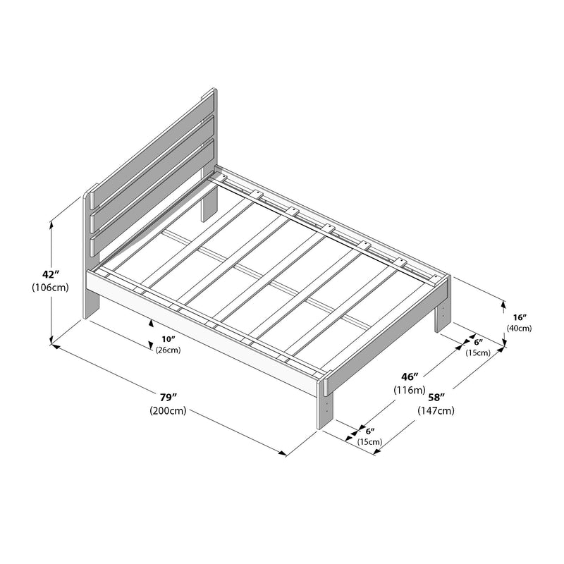 Platform bed frame assembly diagram showing wooden slatted base, three-panel headboard and labeled dimensions 79" (200 cm) length, 58" (147 cm) width, 42" (106 cm) headboard height — assembly and measurement guide