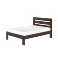 Dark walnut wooden platform bed with slatted headboard and white mattress