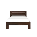 Dark walnut solid wood platform bed frame with slatted headboard and white mattress, modern farmhouse style, isolated on white background