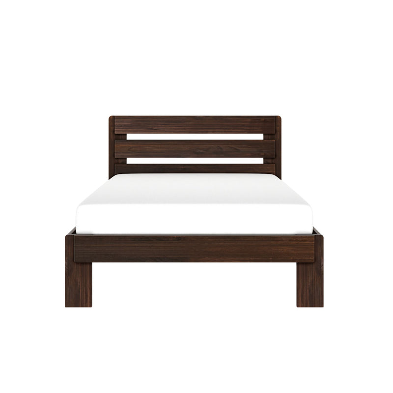 Dark walnut solid wood platform bed frame with slatted headboard and white mattress, modern farmhouse style, isolated on white background