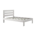 White wooden platform bed frame with horizontal slatted headboard and wooden slat support, modern minimalist bedroom furniture