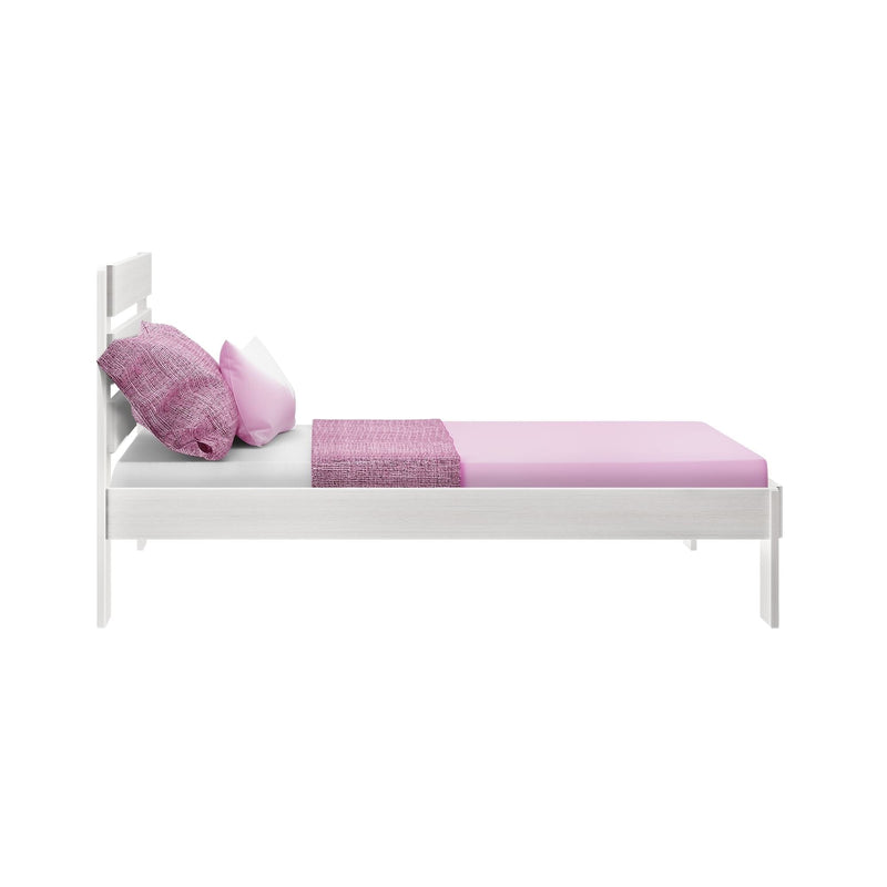 White wooden twin bed with pink fitted sheet, textured pink throw blanket and mixed pink pillows on a clean white background