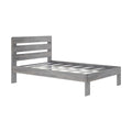 Gray wooden platform bed frame with horizontal slatted headboard and wooden slat support in a modern farmhouse finish