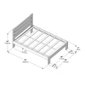 Assembly diagram of a wooden slat bed frame with paneled headboard and labeled dimensions 79 in (200 cm) length, 58 in (147 cm) width, 42 in (106 cm) headboard height, showing slat supports and side rails
