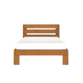 Solid oak bed frame with horizontal slatted headboard and white mattress, minimalist modern rustic design