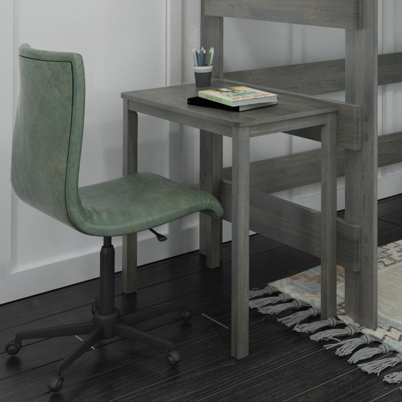 Modern home office workspace with green swivel chair, gray wooden desk, book and pencil cup on dark hardwood floor with decorative rug