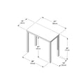 Isometric line drawing of a rectangular table with labeled dimensions — 31″ (80 cm) tabletop length, 28″ (70 cm) width, 27″ (68 cm) inner clearance height, 29″ (73 cm) overall height, 15″ (38 cm) overhang and 12″ (30 cm) leg spacing