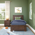 Cozy kids' bedroom with green shiplap walls, wooden twin bed with navy bedding, framed cowboy horse wall art, wooden nightstand with lamp and toys on a blue rug