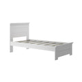 White wooden slatted platform bed frame with paneled headboard and low footboard, modern minimalist bedroom furniture
