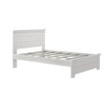 White wood platform bed frame with slatted base and paneled headboard, modern farmhouse style