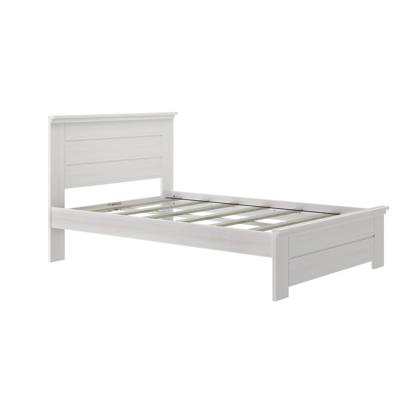 White wood platform bed frame with slatted base and paneled headboard, modern farmhouse style