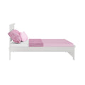 White wooden twin bed with pink fitted sheet, textured pink throw blanket and matching pillows on white background, modern pink bedding for kids' bedroom