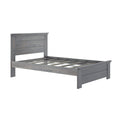 Gray wooden platform bed frame with slatted headboard and rustic weathered finish