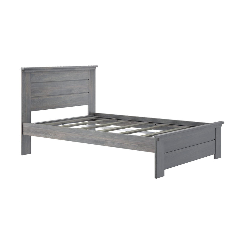 Gray wooden platform bed frame with slatted headboard and rustic weathered finish