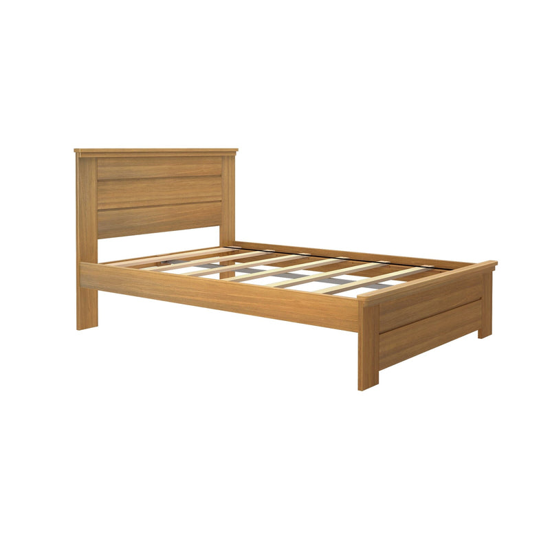 Natural oak‑tone wooden bed frame with slatted base and paneled headboard, sturdy platform bed