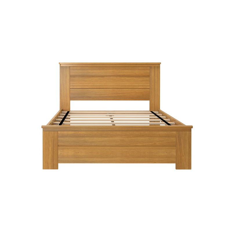 Wooden oak bed frame with slatted mattress base, panel headboard and footboard in natural finish — modern farmhouse style