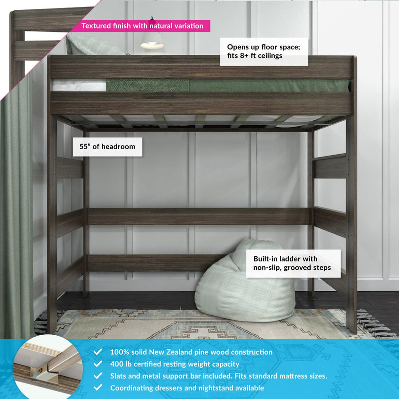 Loft bed in textured brown New Zealand pine with built-in ladder and guardrails, 55 inches headroom, opens floor space and fits 8-foot ceilings